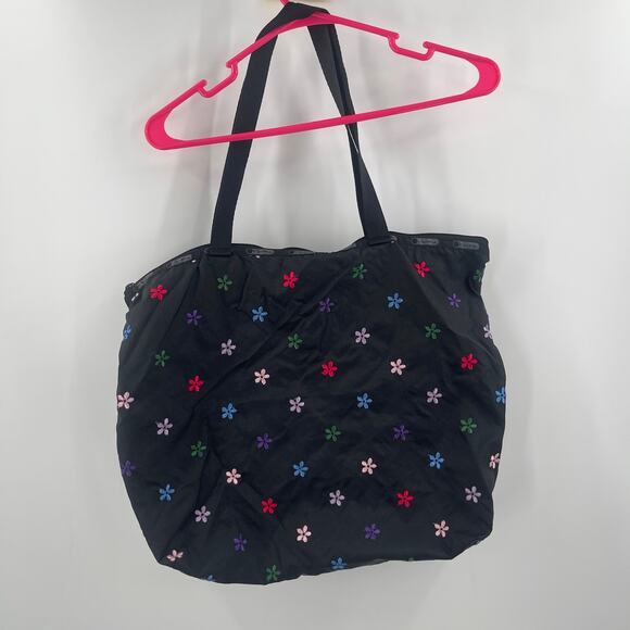 LESPORTSAC Bag Flower Embroidery Black Zipper Tote Lightweight Travel MultiColor - Picture 2 of 16